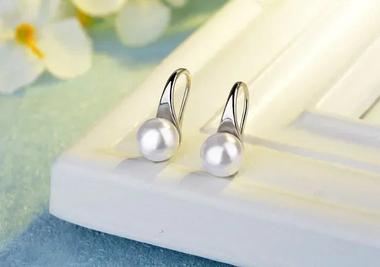 Korean fashion 925 Sterling Silver Earrings for Women Round Natural Freshwater Pearl Hook Dangle Drop Wedding Gifts Jewelry