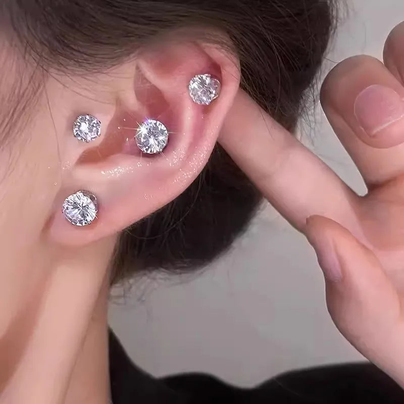 Punk Style Round Zircon Magnet Earrings Crystal Strong Magnetic Ear Stud Clip Earrings for Men Women Non Piercing Jewelry Gift