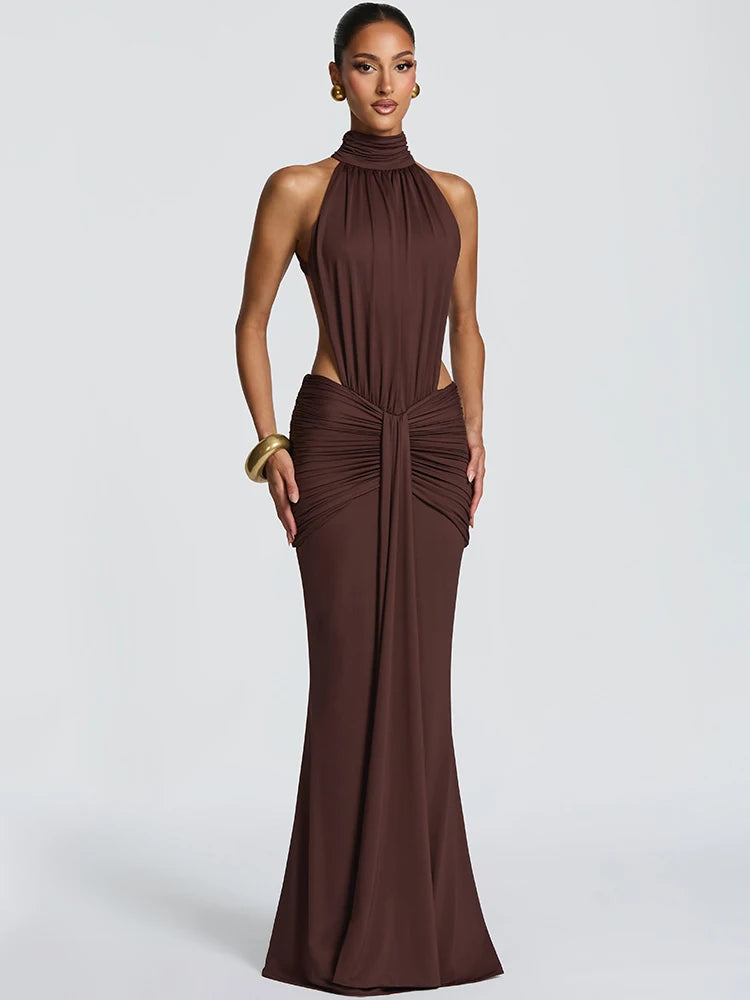 Mozision Turtleneck Backless Sexy Maxi Dress Women Gown Elegant Off-shoulder Sleeveless Ruched Bodycon Club Party Long Dress