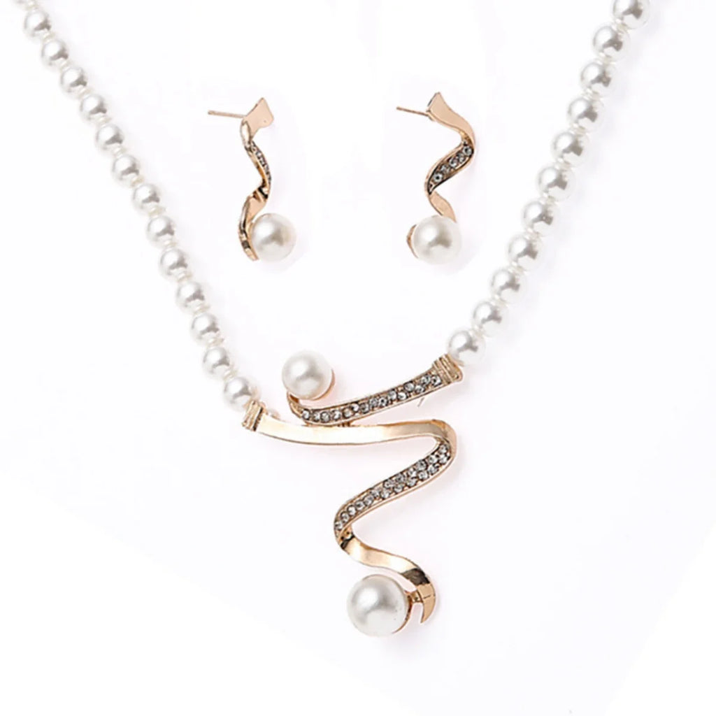 1Set New Women Bridal Wedding Party imitation Pearl Rhinestone Necklace Earrings Jewelry Set