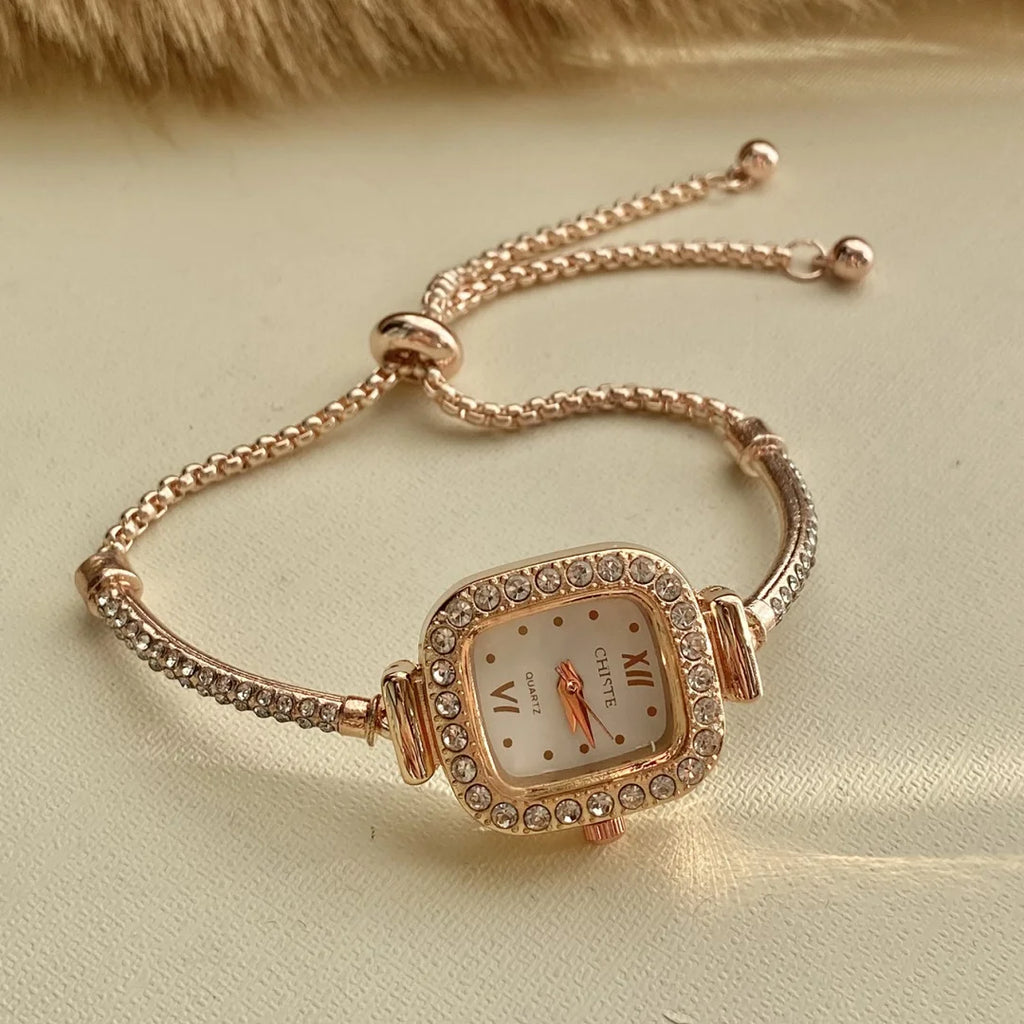 Rose Gold Silver Petite Bracelet Watch for Women, Gifts for Girlfriend Diamond Dress Analog square Watch