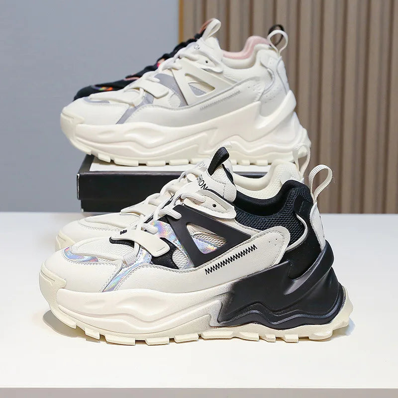 Dad's shoes, new white shoes, thick sole, height increasing gradient leather, casual and versatile women's shoes