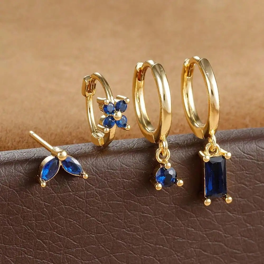 4pcs Fashion Cubic Zirconia Flower Hoop Earrings Set 18K Gold Plated Stainless Steel Stud Earring Piercing Jewelry aretes mujer