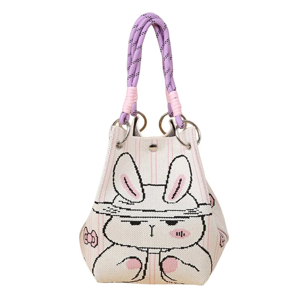 Cute Cartoon Knitted Bucket Bag Handmade Woven Ring Buckle Wrist Bag Large Capacity Tote Bag for Women Girls