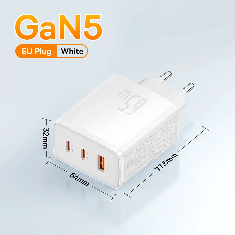 Baseus 65W GaN Charger PD Charge Type C USB Charger Support QC Portable Fast Charger For iPhone 17 16 15 14 13 12 Laptop Charger