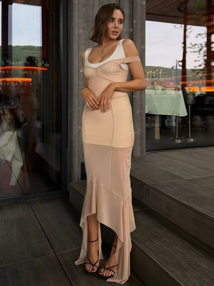 Sexy Nude Fishbone V-neck Dress Women Elegant Sleeveless Pleated Slim Waist-cinching Gown 2026 Summer Party Casual Streetwear