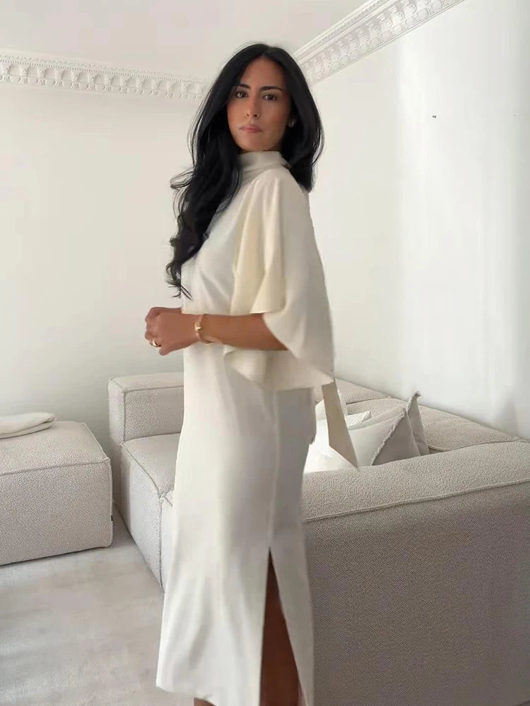 Women Solid Satin Maxi Dress High Neck Batwing Sleeve Loose Fit Front Slit Dresses Lady 2026 Summer Elegant Evening Party Outfit