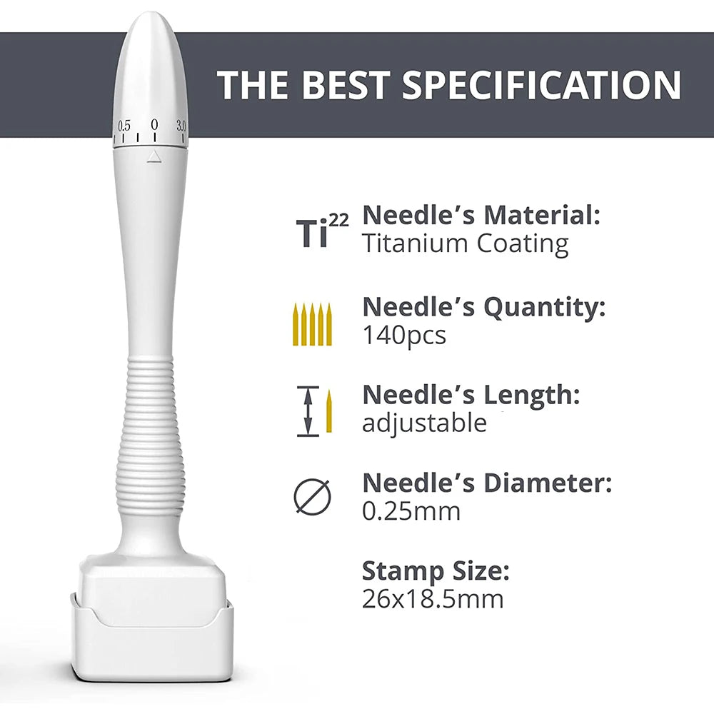 White 140Pins Derma Stamp Adjustable Needle Length 0.25mm Microneedle Real Needle Skin Care Beard Growth Scalp Hair Re-Growth