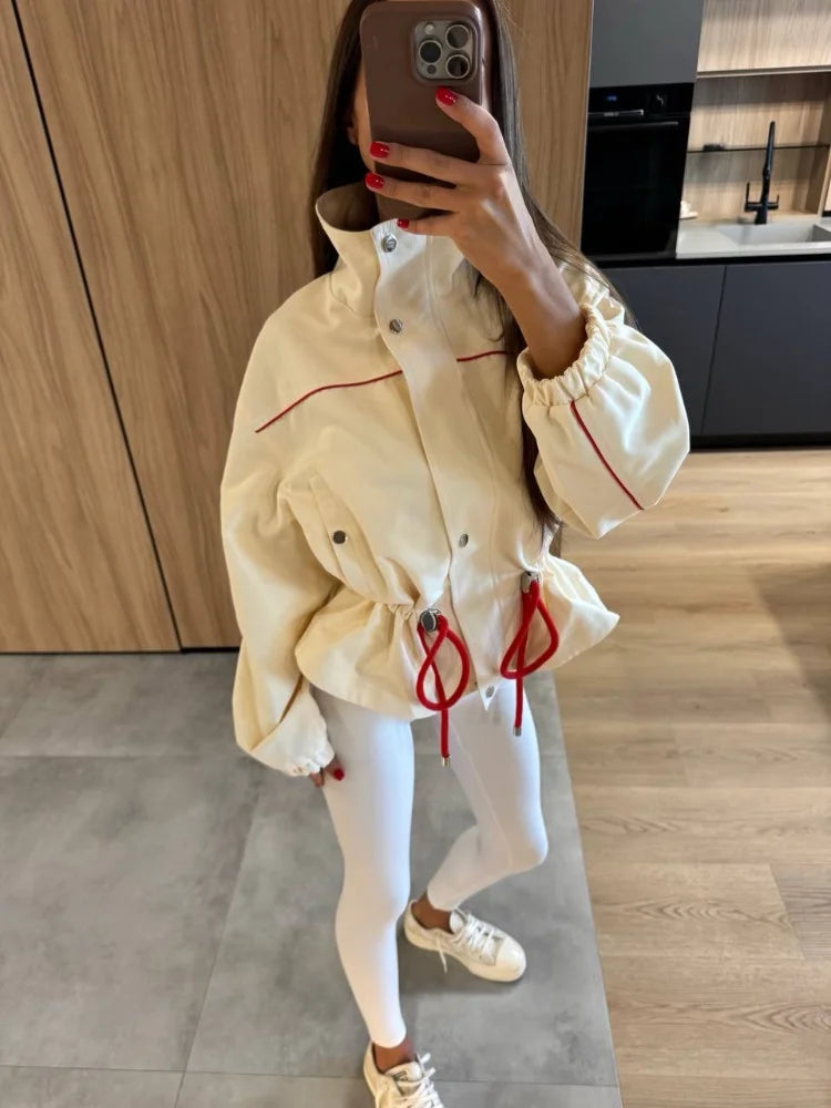Fashion Drawstring Short Jacket Women Lapel Long Sleeve Single-breasted Slim Coat Spring Autumn Lady Daily Street Outerwear 2026