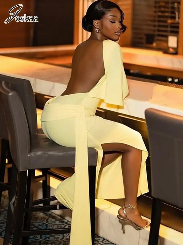 Joskaa Elegant O-Neck Half Sleeve Backless Ruched Slit Bodycon Maxi Dress for Woman 2025 Fall Birthday Evening Vacation Clubwear