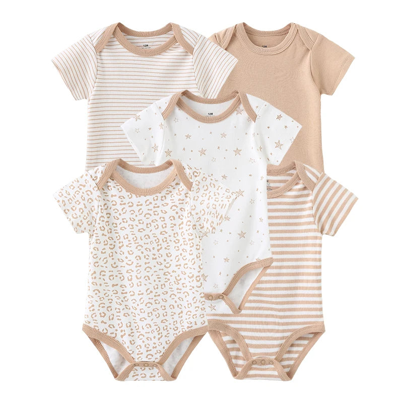Newborn Bodysuits Unisex 5Pieces Baby Girl Clothes Solid Color Cotton Baby Boy Clothes Set Cartoon Print Summer Bebes