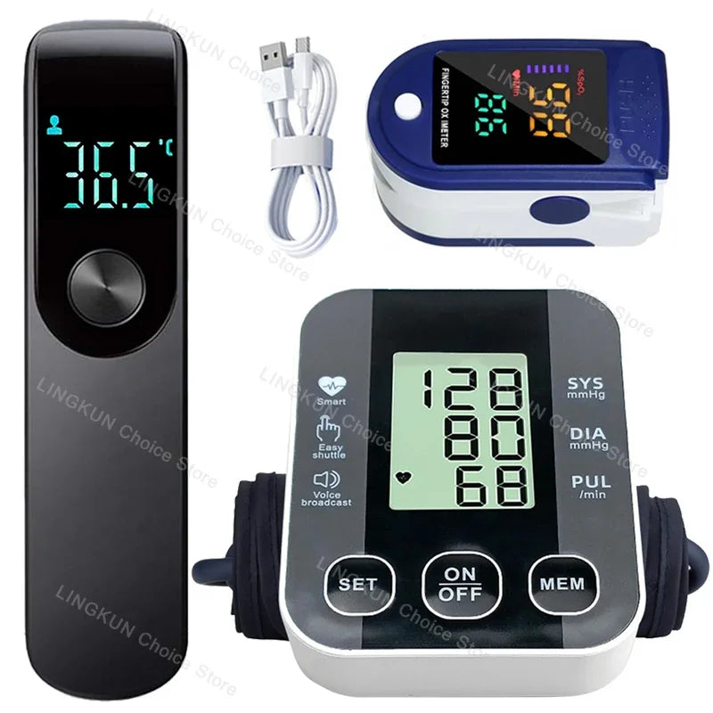 Medical Arm Blood Pressure Meter Tensiometers Tonometer Cuff Fever Thermometer Oximeter Heart Rate 3 IN 1 Set