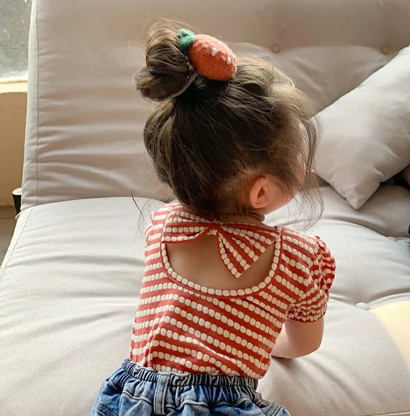 Summer New Korean Style Baby Girls Striped T-shirts Bowknot Backless Puff Sleeve Tops Toddlers Kids Tees