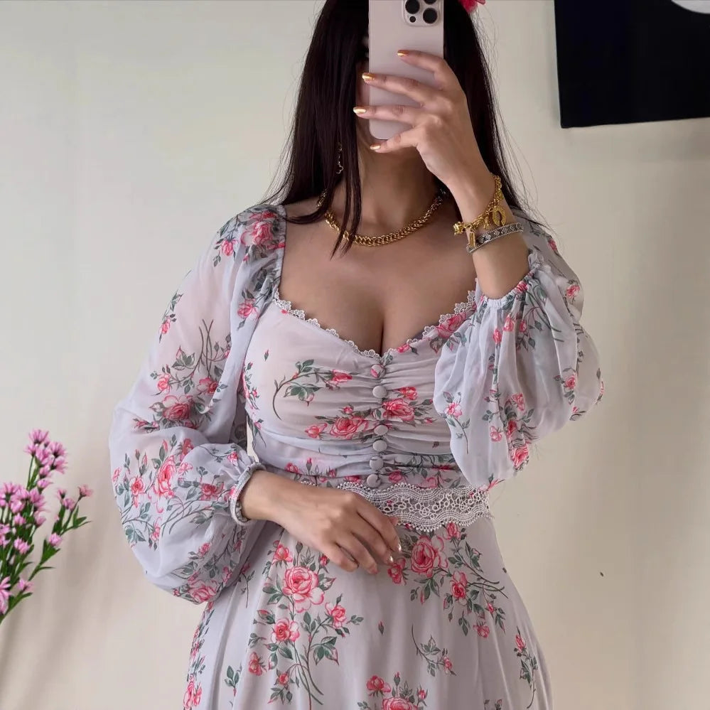 2025 Spring/Summer New Women's Clothing Middle East Chiffon Printed Lace Lace Dress Long Sleeve Bubble Sleeve and Ankle