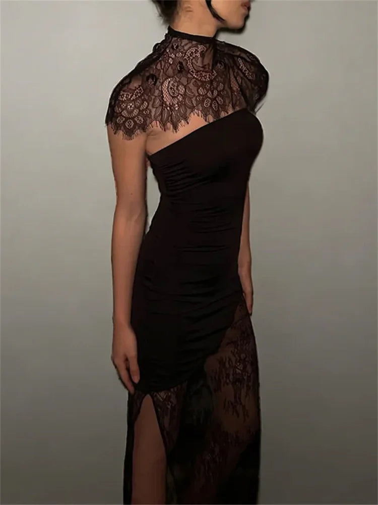 Elegant Lace Printed Long Dress For Women See-Through Turtleneck Patchwork Bandeau Party Dress Female Spring Maxi Dress 2026