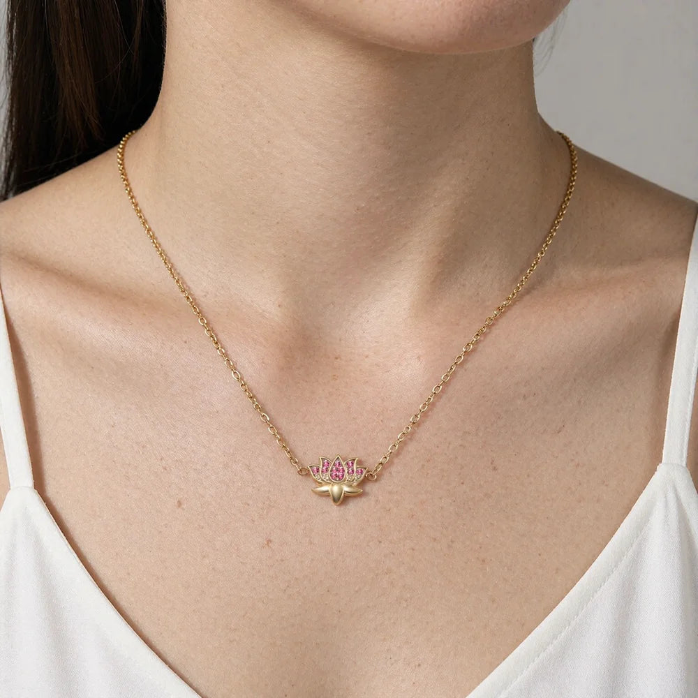 Skyrim Lotus Pendant Necklace for Women Stainless Steel Gold Color Cubic Zirconia Flower Clavicle Chain Spiritual Yoga Jewelry