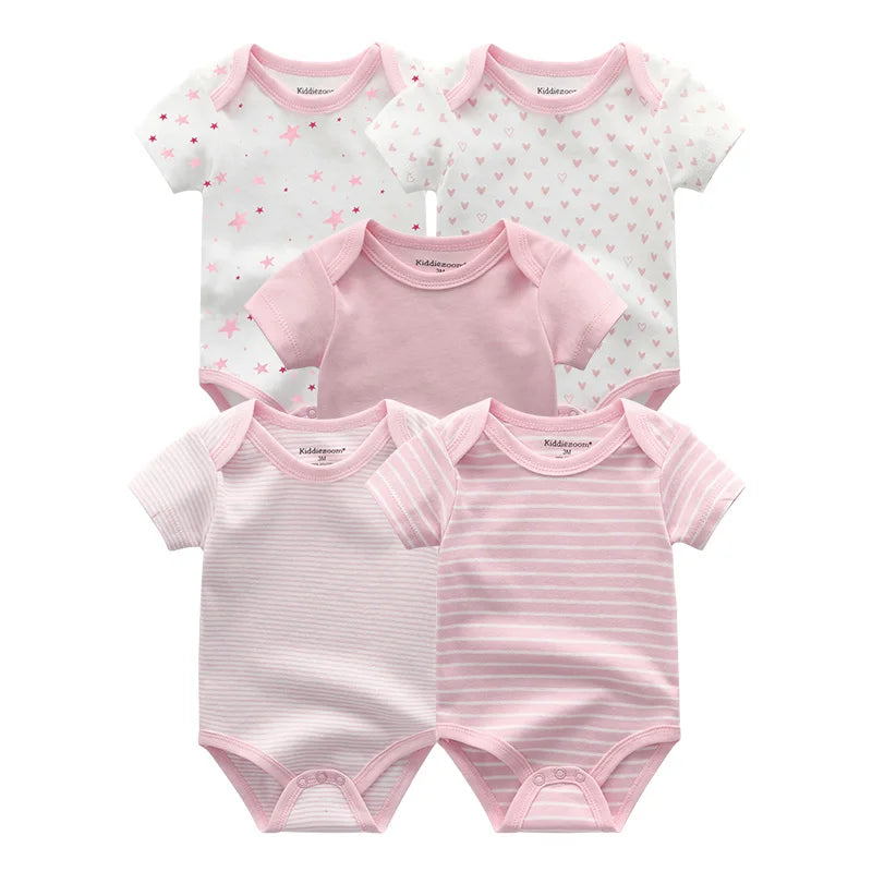Newborn Bodysuits Unisex 5Pieces Baby Girl Clothes Solid Color Cotton Baby Boy Clothes Set Cartoon Print Summer Bebes