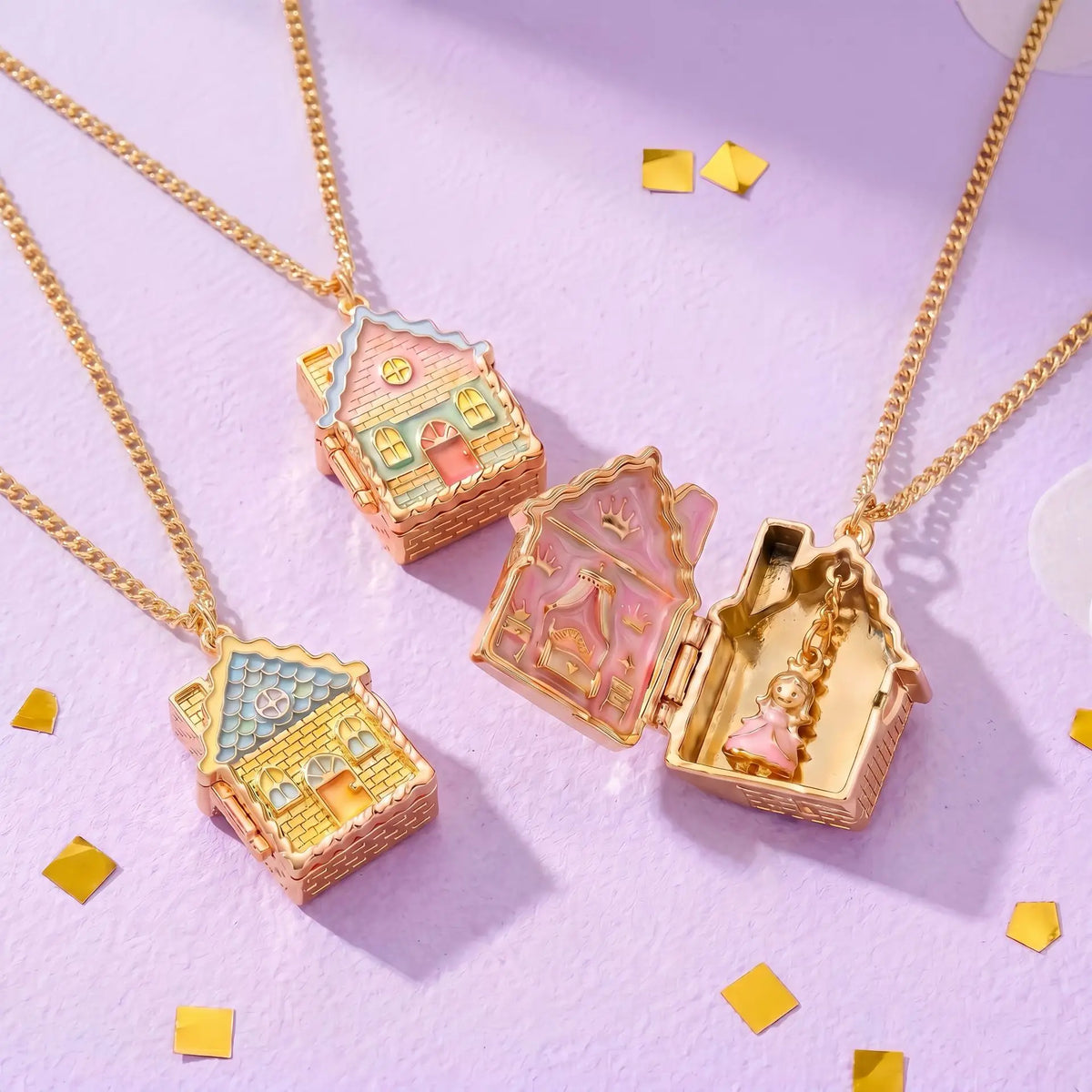 Fairy Tale Gingerbread House Necklace Open and Close Pendant Necklace Women Girls Enamel House Girl Necklace Jewelry Accessory