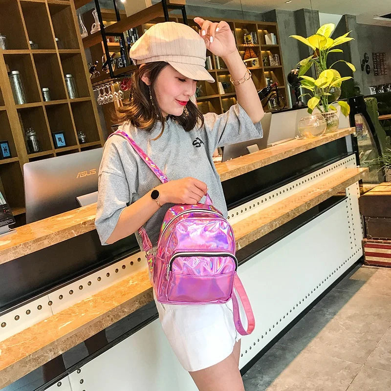 2025 Fashion Laser Backpack Preppy Style School Shiny Laser PU Leather Women Girls Bag Silver Waterproof Holographic Backpack