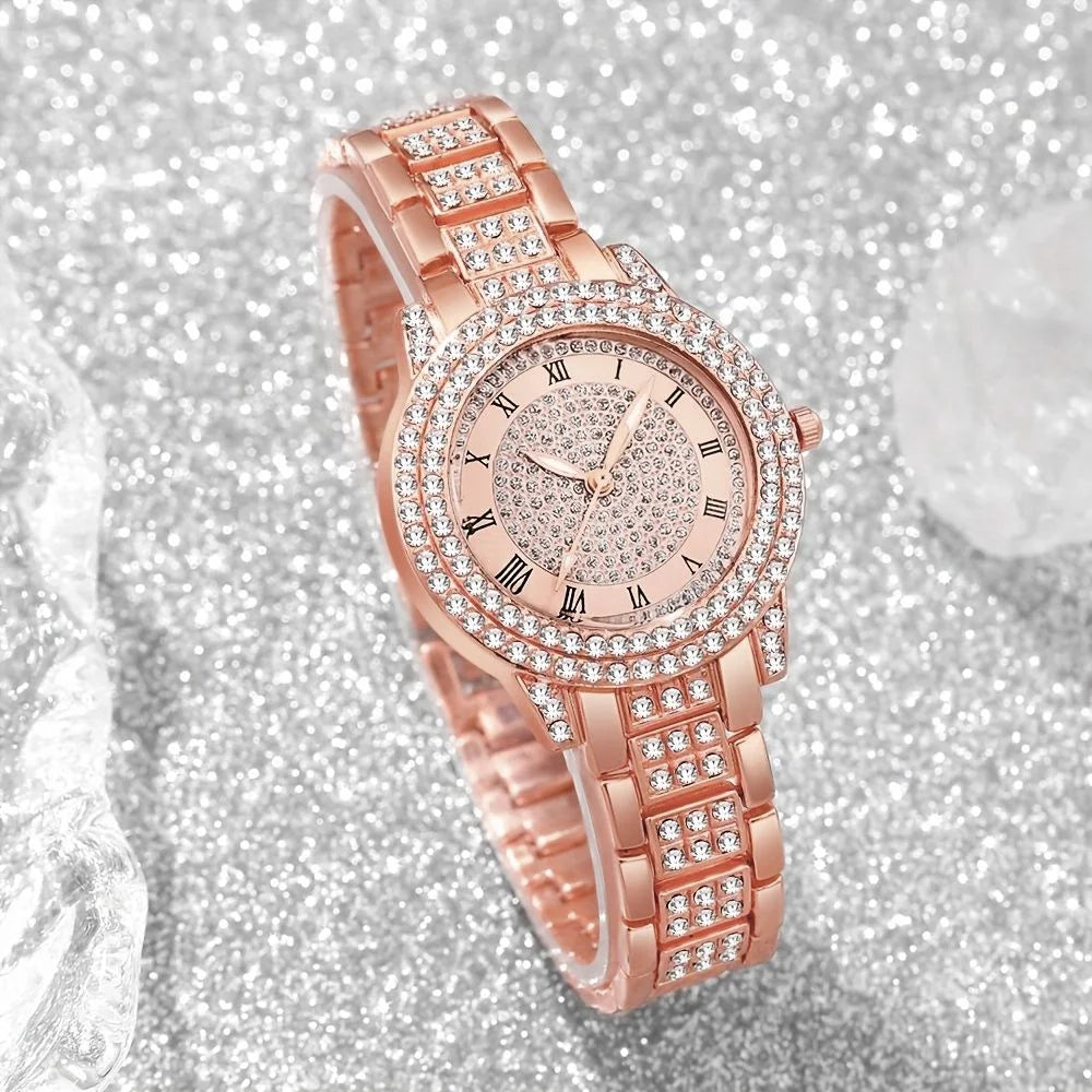 5PCS Luxury Women Roma Dial Quartz Watch Fashion Diamond Ladies Wristwatch Jewelry Set Reloj Mujer Girls Clock (Without Box)