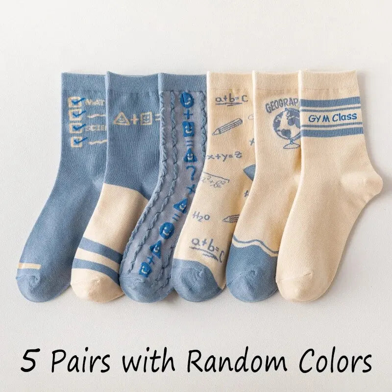 5 Pairs of Women's Spring Four-season Cute SStriped Letters Youthful Beautiful Fashionable and Comfortable Mid-calf Socks