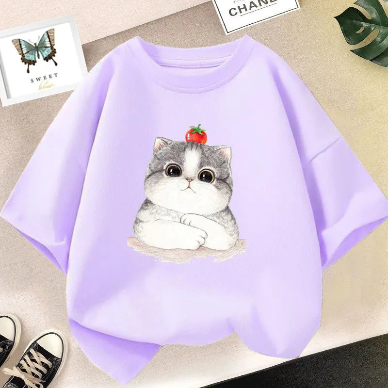 Girls Cotton Cute Cat/dog Graphic T shirt Summer Fashion Vintage Personality Kawaii Purple clothes Short Sleeve Tops