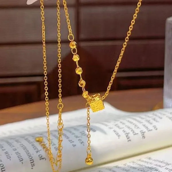 Luxury 24K 9999 Pure Gold real gold Crushed Ice Cube Tassel Pendant INS Fashion Pendant Women's Necklace