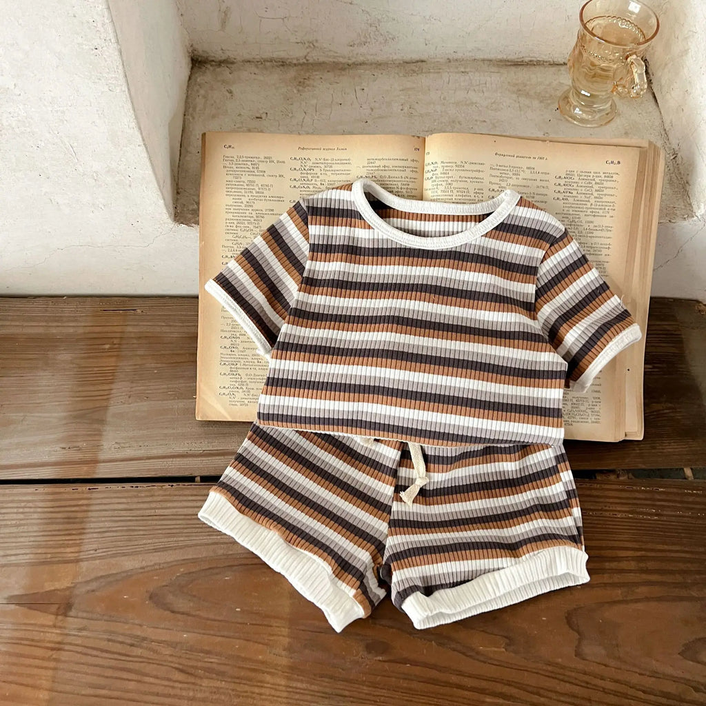 Korean Version Summer Kids Baby Girls Boys Short Sleeve Striped Top Tees +shorts Pants Infant Cute Pure Cotton Clothing Set