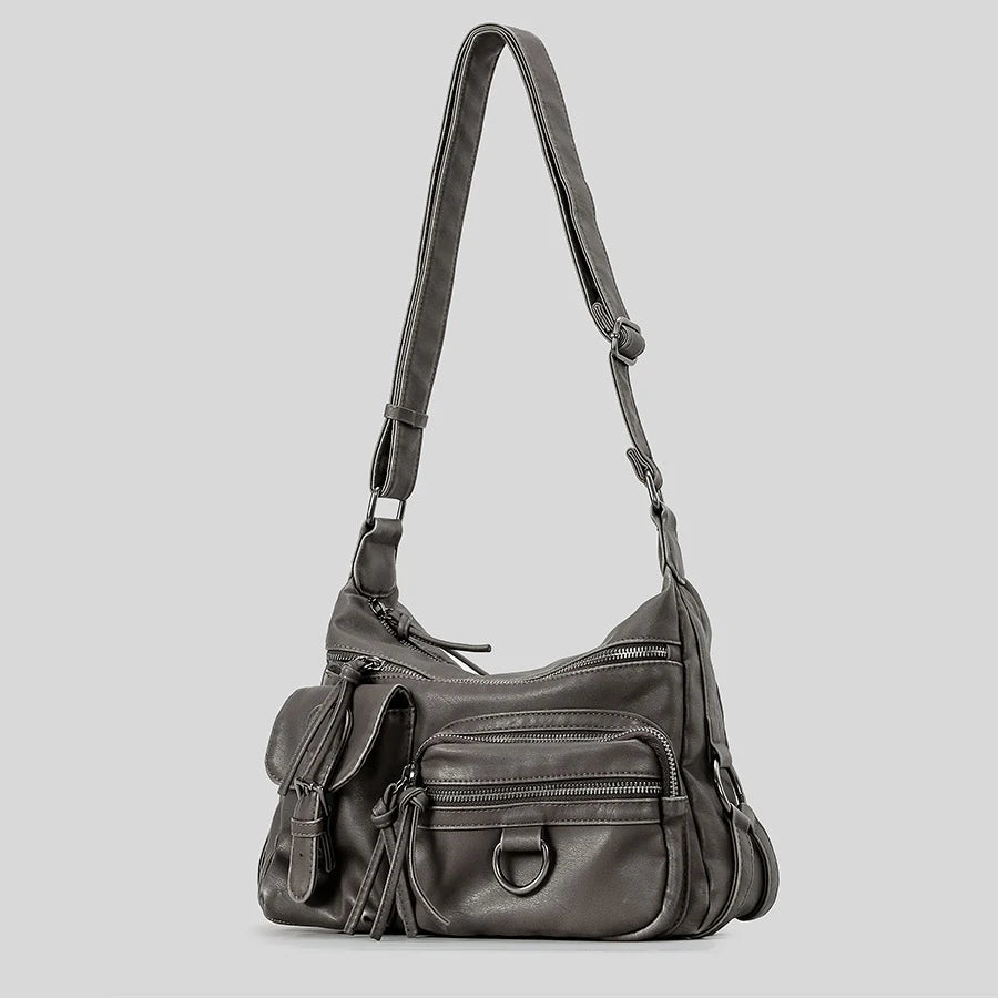 Vintage Multiple Pockets Women Shoulder Bags Luxury Washed Pu Leather Crossbody Bag Retro Motorcycle Bag Y2K Sac for Girls 2026