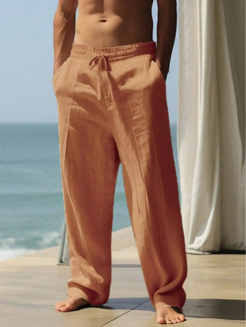 Men Linen Wide Leg Casual Pants Loose Lightweight Trousers Breathable Summer Spring Fall Daily Wear