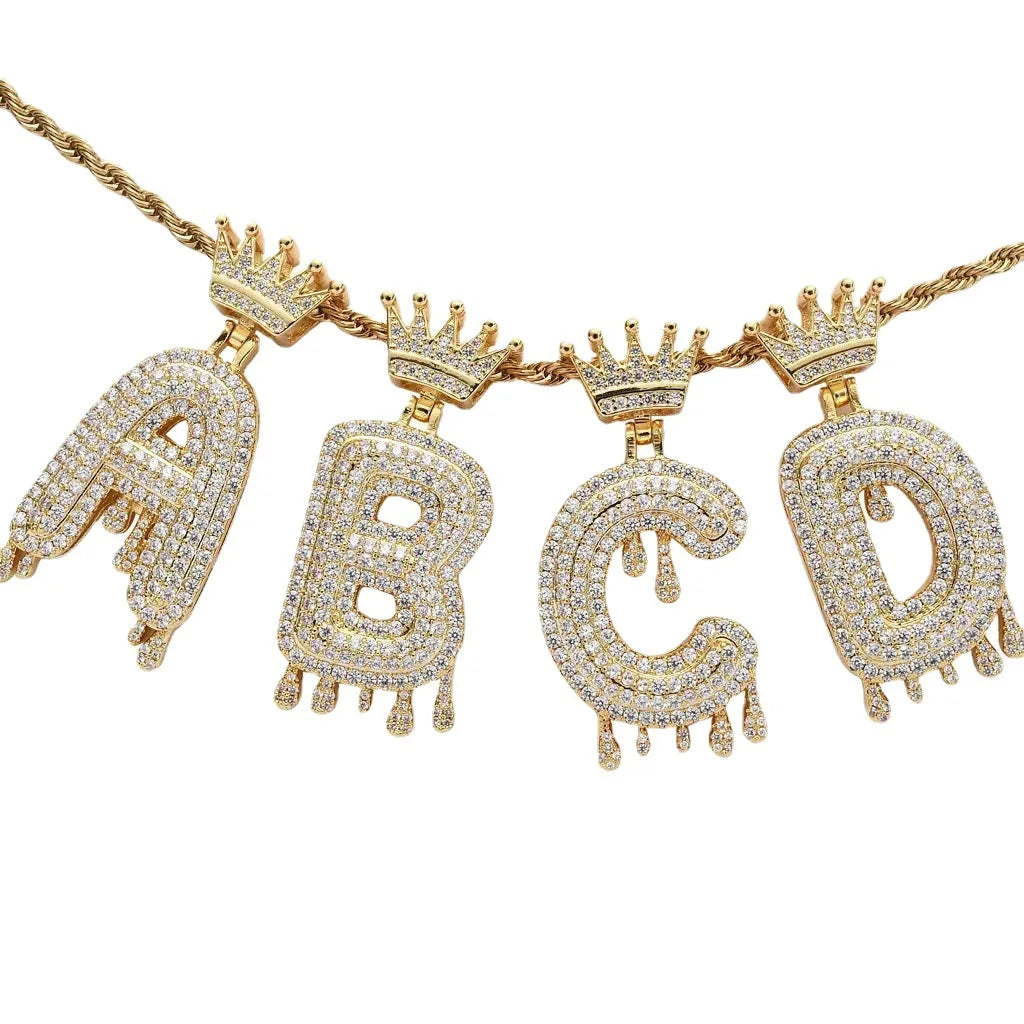 Hip Hop Iced Out Bling Cubic A-Z Drip Crown Zircon Initial Letters Necklaces Pendant Necklace Chain Men Jewelry with Rope Chain