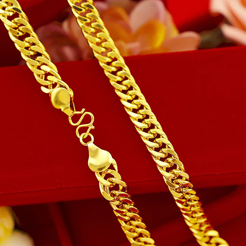 Men's Luxury 24K Plating Gold Necklace Jewelry 10mm Flat Chain Long Lasting Non-Fade Wedding Engagement Jewelry Christmas Gift F