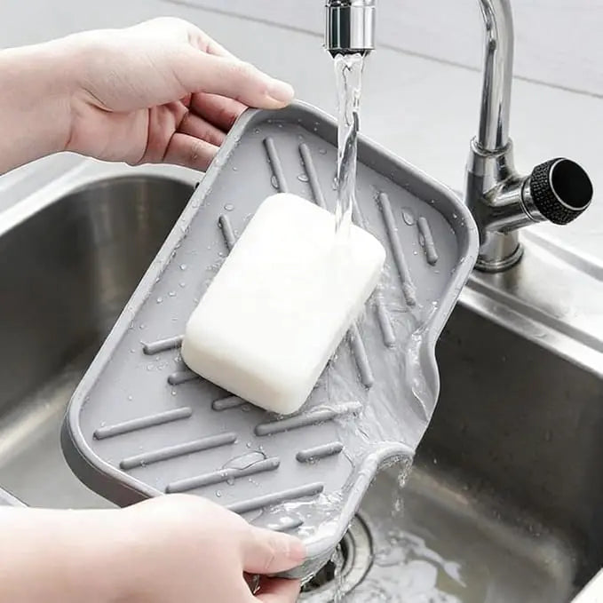 Silicone Sponge Holder with Drain Spout Kitchen Sink Sponge Tray Rubber Soap Dish for Shower Grey 9.5 X 5.9 Inch