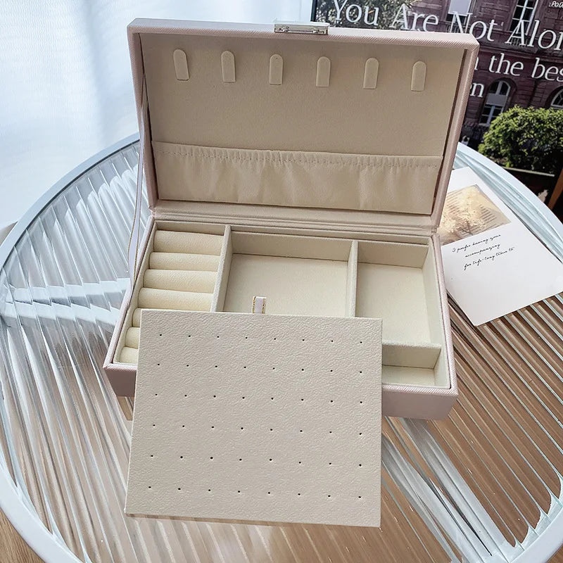 Large Square Jewelry Box Solid Color Leather Lock Boxes Earrings Necklace Bracelet Storage Display Boxes Travel Portable N