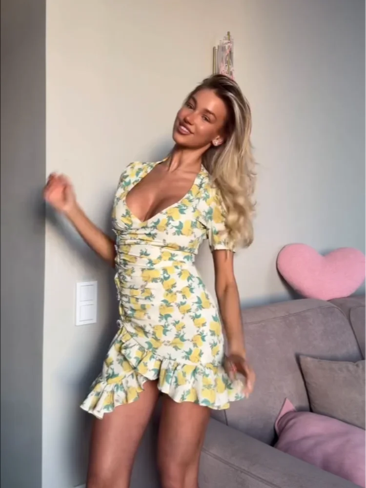 Elegant Ruffle Print Slim Short Dress Women Chic Patchwork Flared sleeves V-neck Pleated Dresses 2026 Lady Summer Casual Vestido