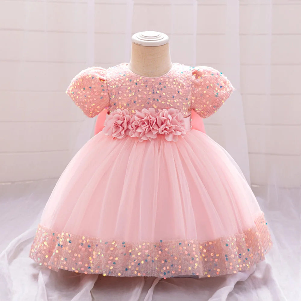 Toddler Baby Sequin Party Dresses Baptism Wedding 1 Year Birthday Bow Princess Dress For Baby Girls Lace Bridemaid Gown Vestidos