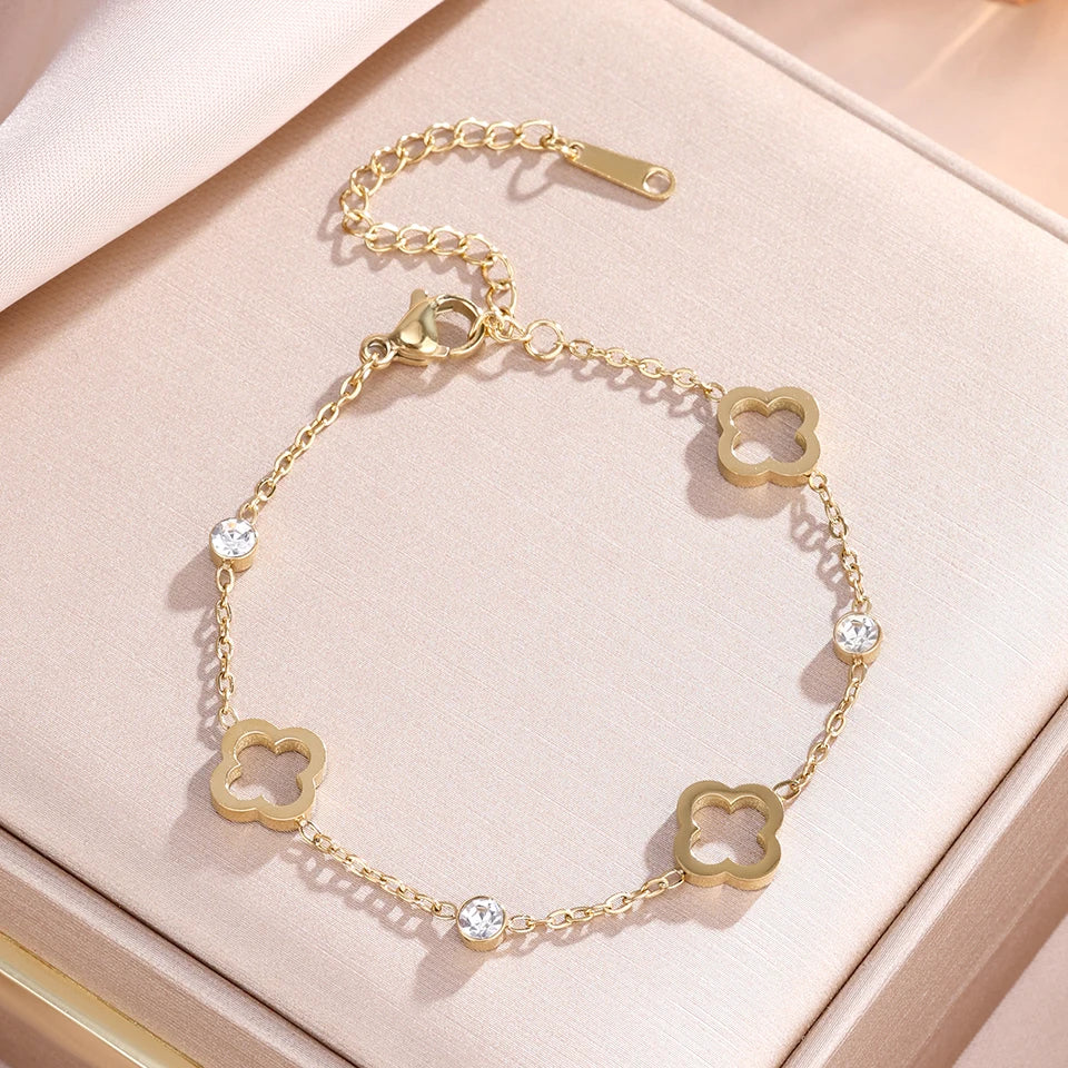 Classic Hollowed-out Four-leaf Flower Zircon Inlaid Stainless Steel Bracelet Trendy Party Clover Jewelry Gift For Women