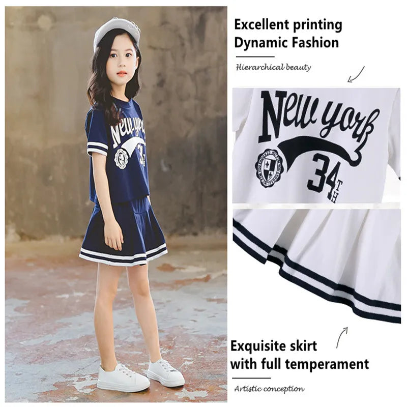 Summer Girls Clothes Suit Short-Sleeved+A-Line Skirt 2Pcs Set College Style Jk Uniform Children Clothing Baby Tracksuits