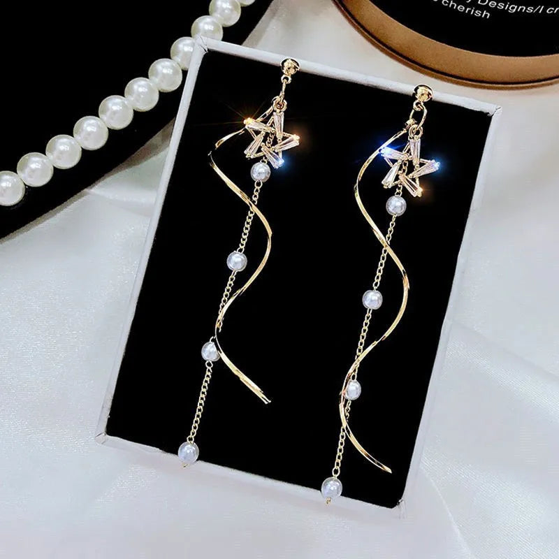 Light Luxury Zircon Star Pearl Wave Long Tassel Earrings Women Temperament Fashion Jewelry Dainty Gifts