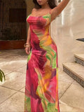 Leisure Beach Vacation, Tight and Sexy Strapless Suspender, Gradient Flower Print, Loose Hip Hugging Skirt, Long Skirt
