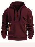 Men's Casual Sports Hoodie Spring Autumn Fashion Solid Color Long-Sleeved Pullover with Arm Pocket And Pull Rope plus Size