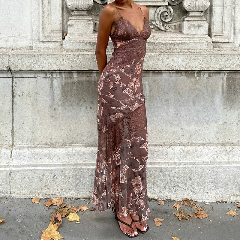 Elegant Straps Off Shoulder Dress Sexy Spicy Girl Perspective Floral Fishtail Dress Casual Lace Splice Backless Club Party Dress