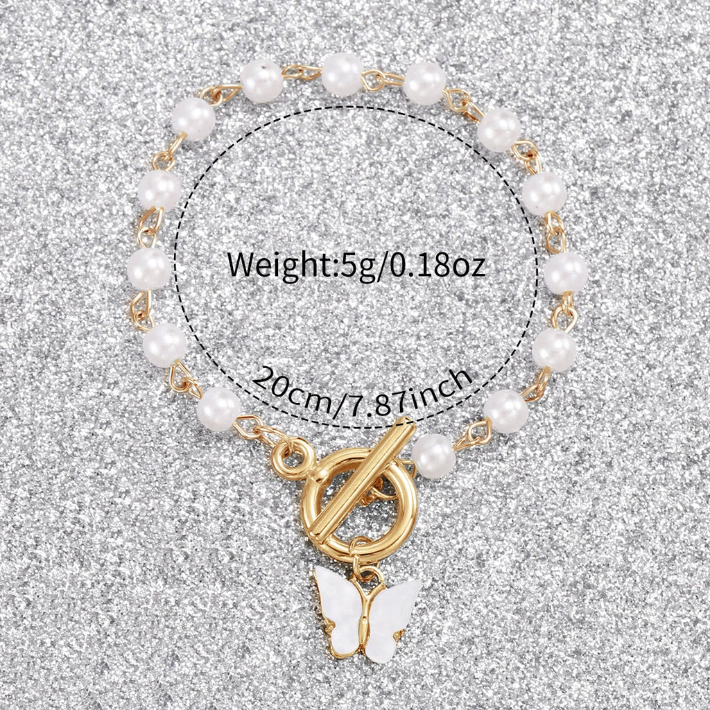 2PCS/Set Women's Watch Fashion Plastic Band Analog Quartz Watch Pearls Butterfly Bracelet Set