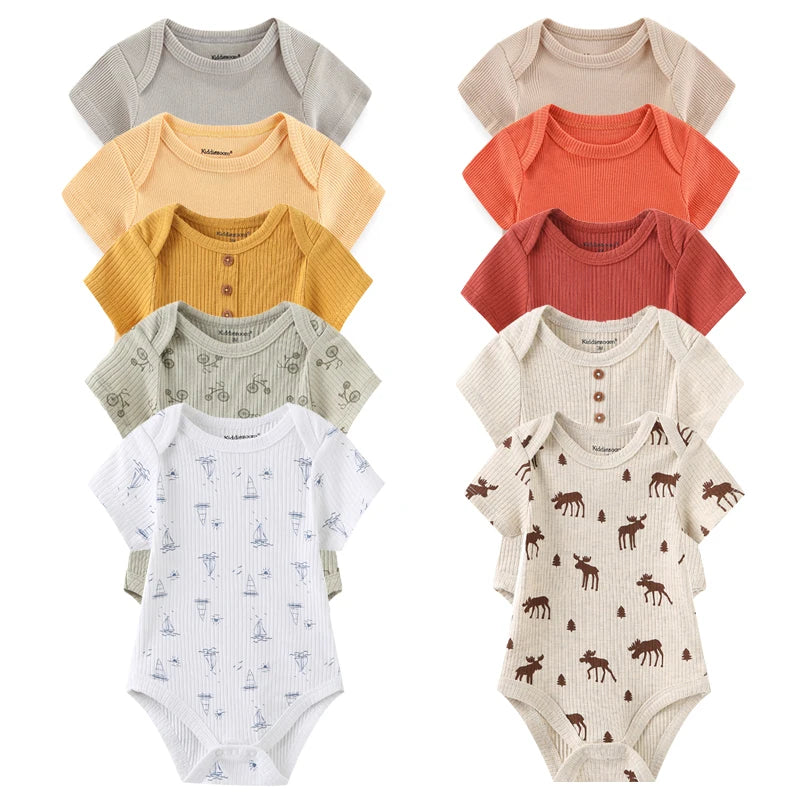 Newborn Bodysuits Unisex 5Pieces Baby Girl Clothes Solid Color Cotton Baby Boy Clothes Set Cartoon Print Summer Bebes