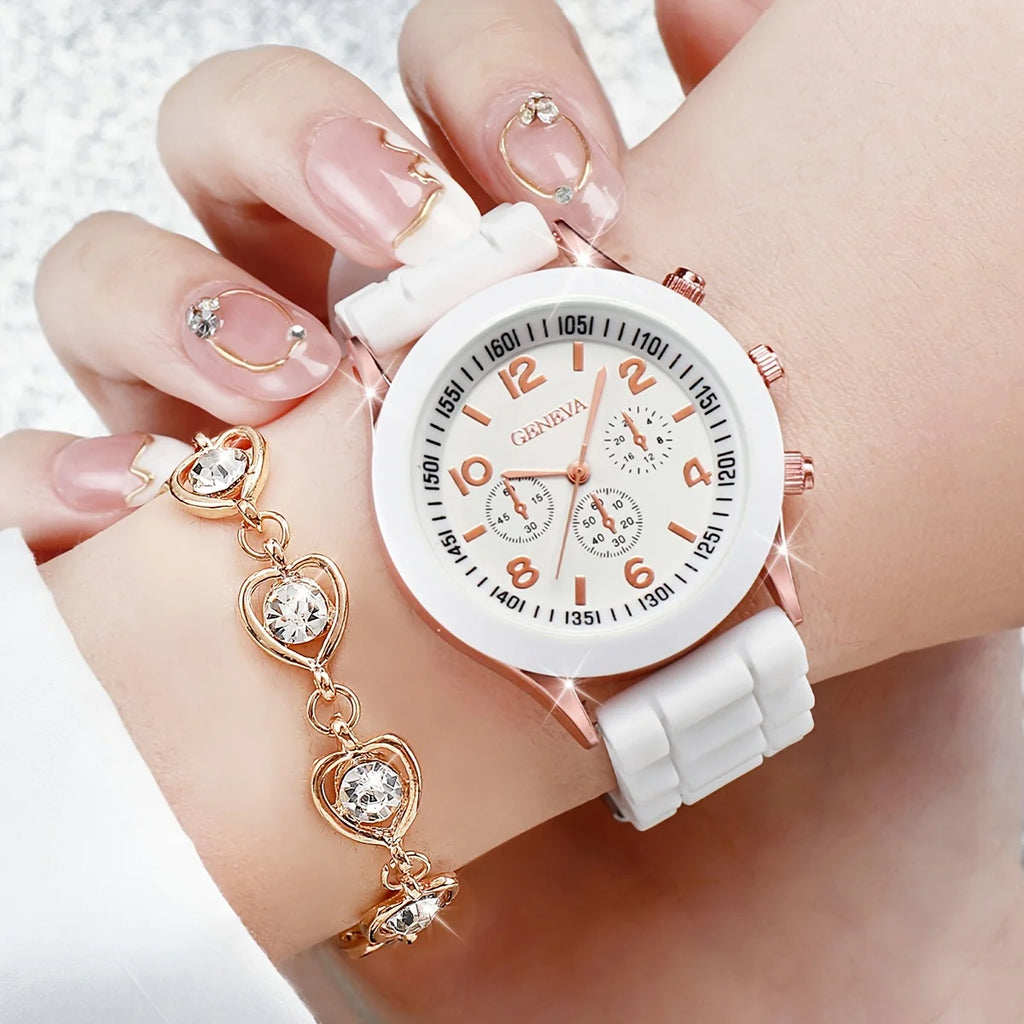 6PCS/Set Women's Watch Casual Silicone Band Analog Quartz Watch Rhinestone Heart Jewelry Set(Without Box)