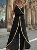Women's Casual Purple Jumpsuit Gold Embellished Wrap Neck Split Legs High Waist Great for Bohemian Trips City Walks
