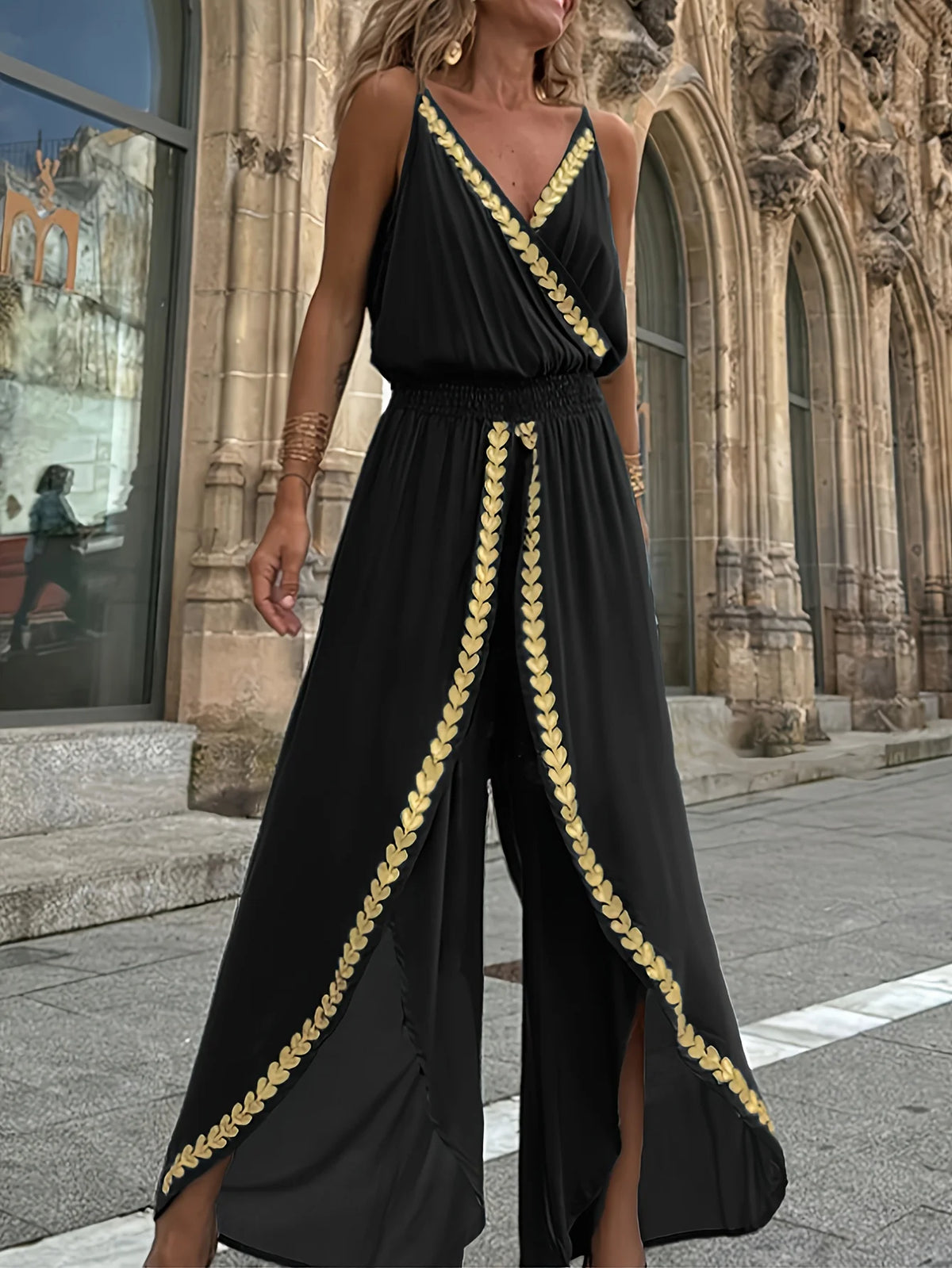Women's Casual Purple Jumpsuit Gold Embellished Wrap Neck Split Legs High Waist Great for Bohemian Trips City Walks