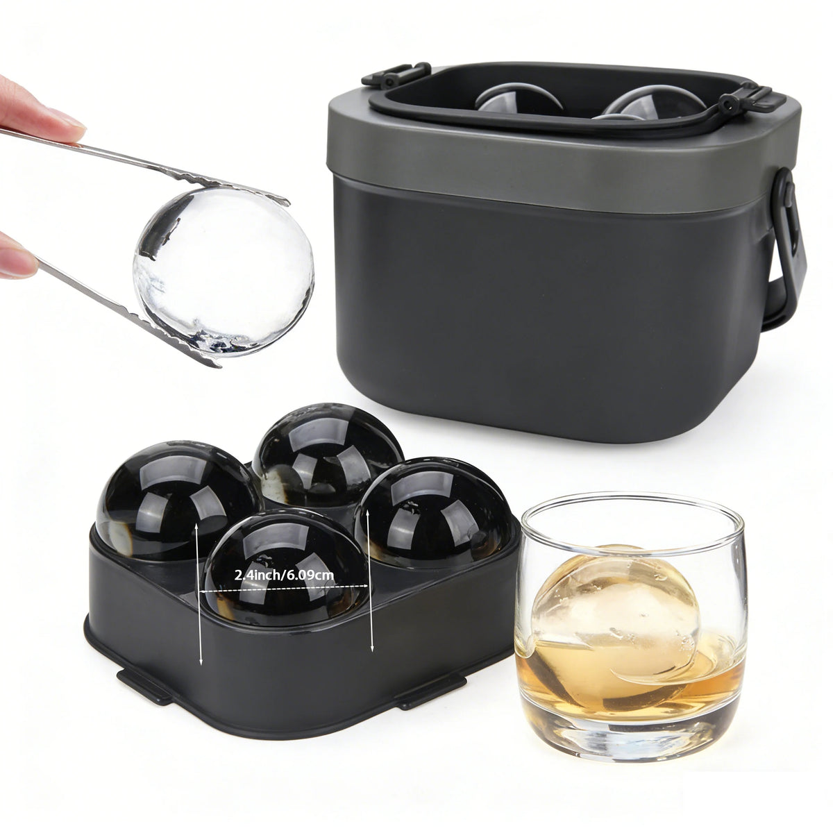 Crystal Clear Ice Ball Maker, 4 Large 2.4" Clear Sphere Ice Cube Mold for Whiskey, Cocktails & Bourbon