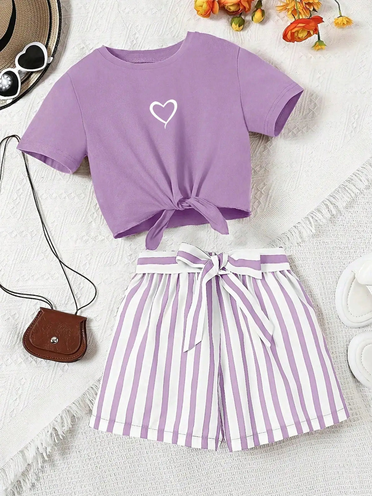 Women's Casual Daily Short-Sleeved Love Printed+Striped Printed Shorts 2-Piece Set with Random Belt Striped Children's Clothing