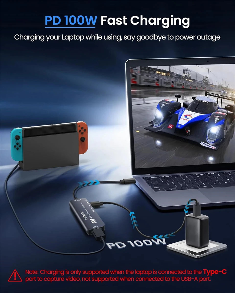 Navceker USB3.0 Video Capture Card with 100W PD USB C to USB A/USB C Live and Record Video Audio Gaming for Quest 2 3 Switch ROG